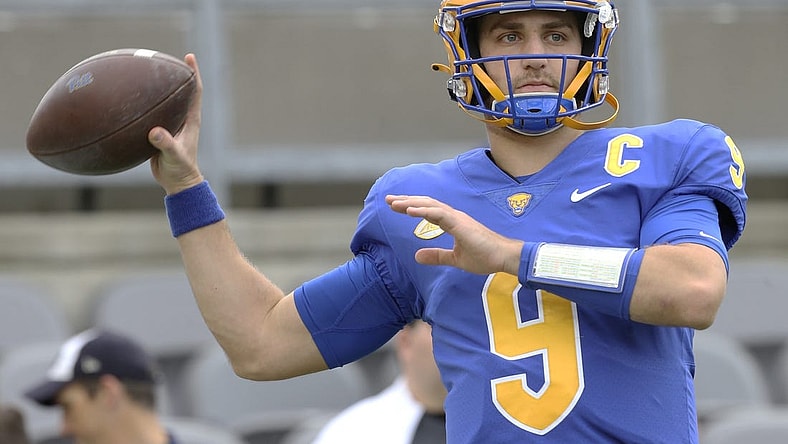 /Nov 5, 2022; Pittsburgh, Pennsylvania, USA; Pittsburgh Panthers quarterback Kedon Slovis (9) warms up before the game against the Syracuse Orange at Acrisure Stadium. Mandatory Credit: Charles LeClaire-USA TODAY Sports