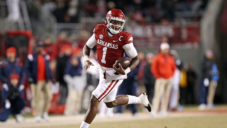 Nov 19, 2022; Fayetteville, Arkansas, USA; Arkansas Razorbacks quarterback KJ Jefferson (1) rushes in the second quarter against the Ole Miss Rebels at Donald W. Reynolds Razorback Stadium. Mandatory Credit: Nelson Chenault-USA TODAY Sports