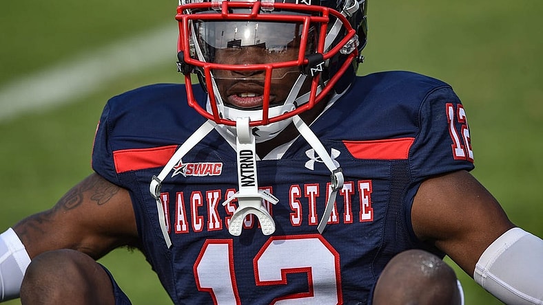 Jackson State WR Travis Hunter (12) is seen during their homecoming NCAA college football game against Campbell in Jackson, Miss., Saturday, October 22, 2022.

TCL JSU HOMECOMING 221