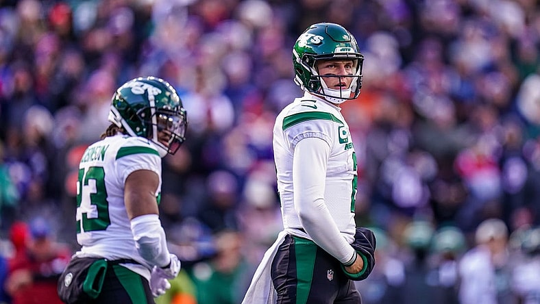 Nov 20, 2022; Foxborough, Massachusetts, USA; New York Jets quarterback Zach Wilson (2) on the field against the New England Patriots in the first half at Gillette Stadium. Mandatory Credit: David Butler II-USA TODAY Sports