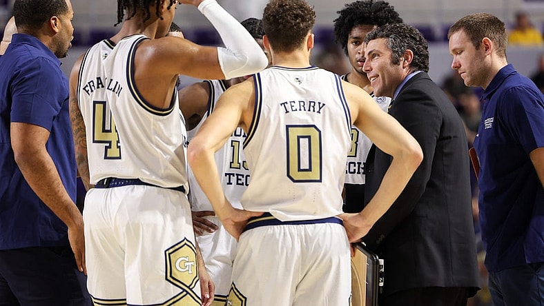 Nov 23, 2022; Fort Myers, Florida, USA;  Georgia Tech Yellow Jackets head coach Josh Pastner talks during a timeout against the Marquette Golden Eagles in the second half during the Fort Myers Tip-Off Beach Division third place game at Suncoast Credit Union Arena. Mandatory Credit: Nathan Ray Seebeck-USA TODAY Sports