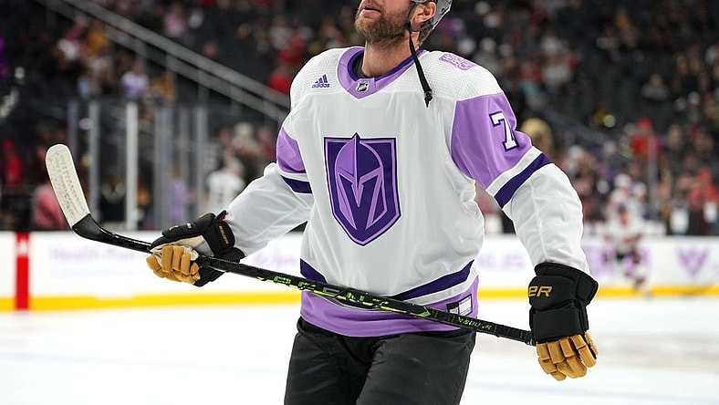 Nov 23, 2022; Las Vegas, Nevada, USA; Vegas Golden Knights defenseman Alex Pietrangelo (7) wears a special jersey representing Hockey Fights Cancer before the start of a game against the Ottawa Senators at T-Mobile Arena. Mandatory Credit: Stephen R. Sylvanie-USA TODAY Sports