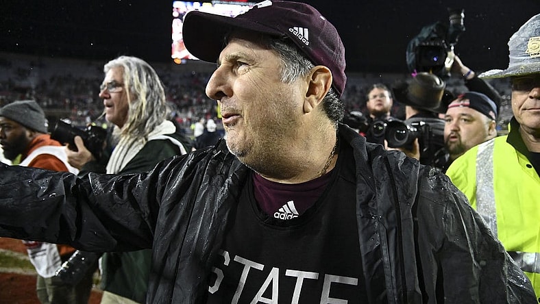 Nov 24, 2022; Oxford, Mississippi, USA; Mississippi State Bulldogs head coach Mike Leach walks onto the field  after the game against the Ole Miss Rebels at Vaught-Hemingway Stadium. Mandatory Credit: Matt Bush-USA TODAY Sports