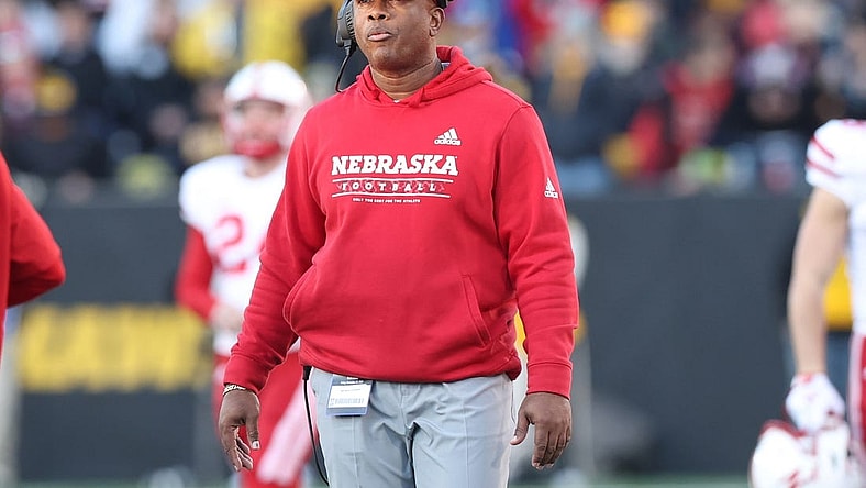 Nov 25, 2022; Iowa City, Iowa, USA; Nebraska Cornhuskers head coach Mickey Joseph watches his team play the Iowa Hawkeyes at Kinnick Stadium. Mandatory Credit: Reese Strickland-USA TODAY Sports
