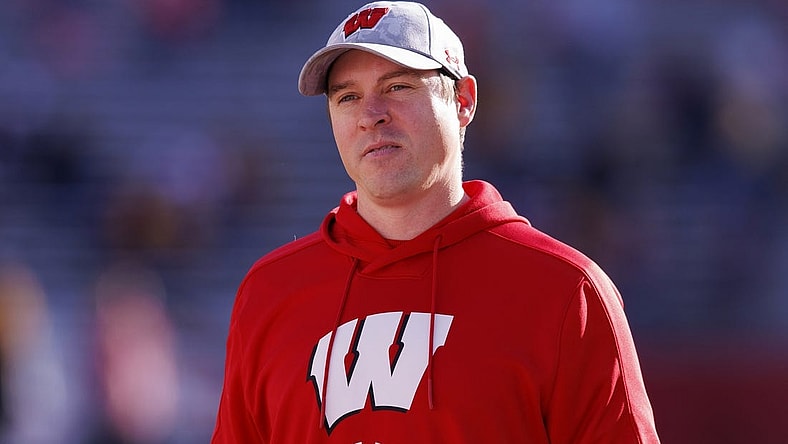 Nov 26, 2022; Madison, Wisconsin, USA;  Wisconsin Badgers head coach Jim Leonhard looks on during warmups prior to the game against the Minnesota Golden Gophers at Camp Randall Stadium. Mandatory Credit: Jeff Hanisch-USA TODAY Sports