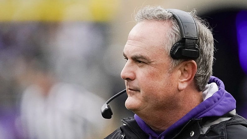 Nov 26, 2022; Fort Worth, Texas, USA; TCU Horned Frogs head coach Sonny Dykes on the sidelines during the first half against the Iowa State Cyclones at Amon G. Carter Stadium. Mandatory Credit: Raymond Carlin III-USA TODAY Sports