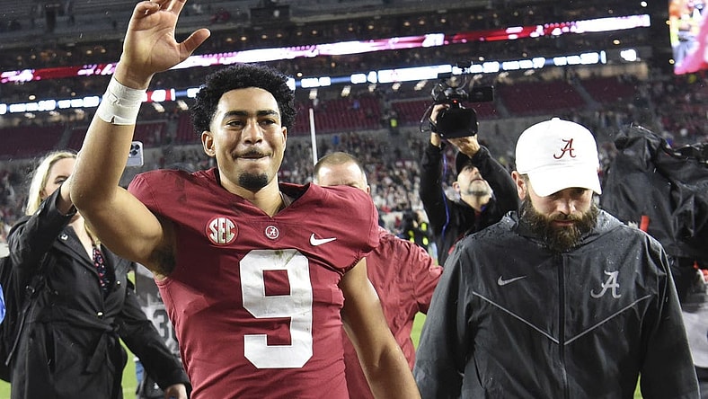 Nov 26, 2022; Tuscaloosa, Alabama, USA;  Alabama Crimson Tide quarterback Bryce Young (9) waves to fans as he leaves the field after defeating the Auburn Tigers at Bryant-Denny Stadium. Alabama won 49-27. Mandatory Credit: Gary Cosby Jr.-USA TODAY Sports