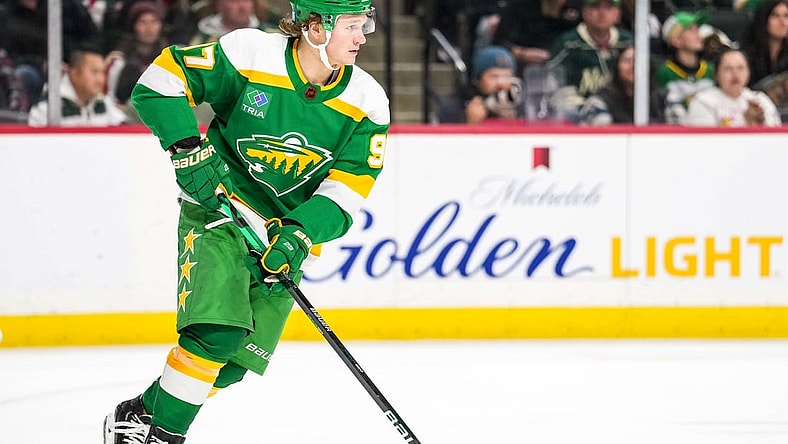 Nov 23, 2022; Saint Paul, Minnesota, USA; Minnesota Wild left wing Kirill Kaprizov (97) during the third period against the Winnipeg Jets at Xcel Energy Center. Mandatory Credit: Brace Hemmelgarn-USA TODAY Sports