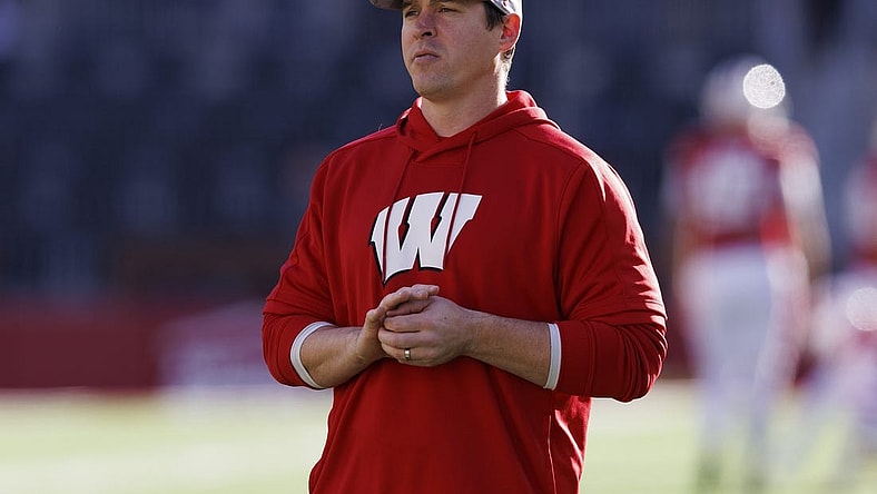Nov 26, 2022; Madison, Wisconsin, USA;  Wisconsin Badgers head coach Jim Leonhard prior to the game against the Minnesota Golden Gophers at Camp Randall Stadium. Mandatory Credit: Jeff Hanisch-USA TODAY Sports