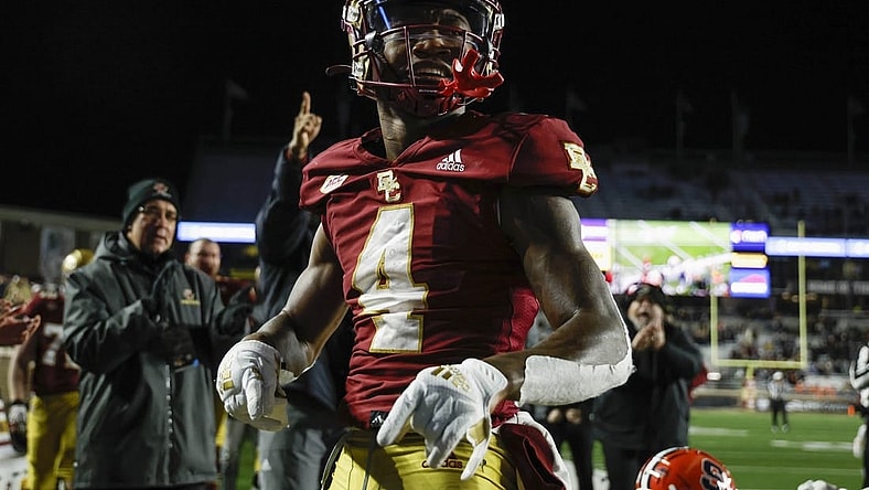 Nov 26, 2022; Chestnut Hill, Massachusetts, USA; Boston College Eagles wide receiver Zay Flowers (4) against the Syracuse Orange during the second quarter at Alumni Stadium. Mandatory Credit: Winslow Townson-USA TODAY Sports