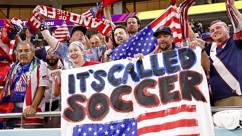 Nov 29, 2022; Doha, Qatar; United States of America fans celebrate after winning a group stage match against Iran to advance to the round of sixteen during the 2022 World Cup at Al Thumama Stadium. Mandatory Credit: Yukihito Taguchi-USA TODAY Sports