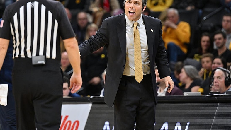 Nov 29, 2022; Iowa City, Iowa, USA; Georgia Tech Yellow Jackets head coach Josh Pastner reacts with an official during the second half against the Iowa Hawkeyes at Carver-Hawkeye Arena. Mandatory Credit: Jeffrey Becker-USA TODAY Sports