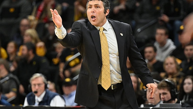 Nov 29, 2022; Iowa City, Iowa, USA; Georgia Tech Yellow Jackets head coach Josh Pastner reacts during the second half against the Iowa Hawkeyes at Carver-Hawkeye Arena. Mandatory Credit: Jeffrey Becker-USA TODAY Sports