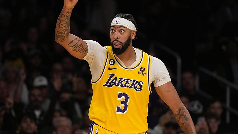 Nov 30, 2022; Los Angeles, California, USA; Los Angeles Lakers forward Anthony Davis (3) reacts against the Portland Trail Blazers in the second half at Crypto.com Arena. Mandatory Credit: Kirby Lee-USA TODAY Sports