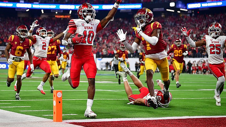 Dec 2, 2022; Las Vegas, NV, USA; Utah Utes wide receiver Money Parks (10) runs the ball for a touchdown against the Southern California Trojans during the second half of the PAC-12 Football Championship at Allegiant Stadium. Mandatory Credit: Gary A. Vasquez-USA TODAY Sports