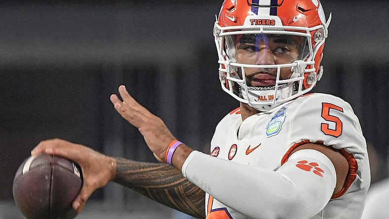 Dec 3, 2022; Charlotte, NC, USA; Clemson Tigers quarterback DJ Uiagalelei (5) warms up before the ACC Championship game against the North Carolina Tarheels at Bank of America Stadium. Mandatory Credit: Ken Ruinard-USA TODAY NETWORK