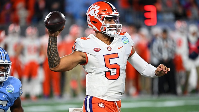 Dec 3, 2022; Charlotte, North Carolina, USA; Clemson Tigers quarterback DJ Uiagalelei (5)throws during the first quarter of the ACC Championship game against the North Carolina Tar Heels at Bank of America Stadium. Mandatory Credit: Bob Donnan-USA TODAY Sports