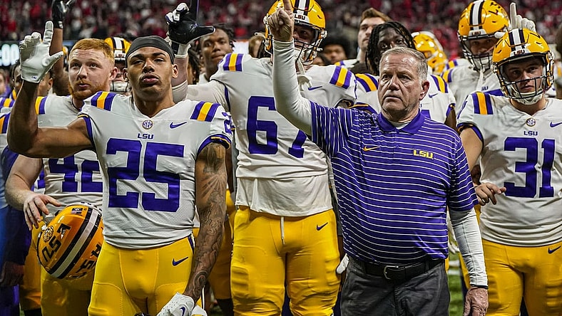 Dec 3, 2022; Atlanta, GA, USA; LSU Tigers head coach Brian Kelly reacts towards the fans after being defeated by the Georgia Bulldogs in the SEC Championship game at Mercedes-Benz Stadium. Mandatory Credit: Dale Zanine-USA TODAY Sports