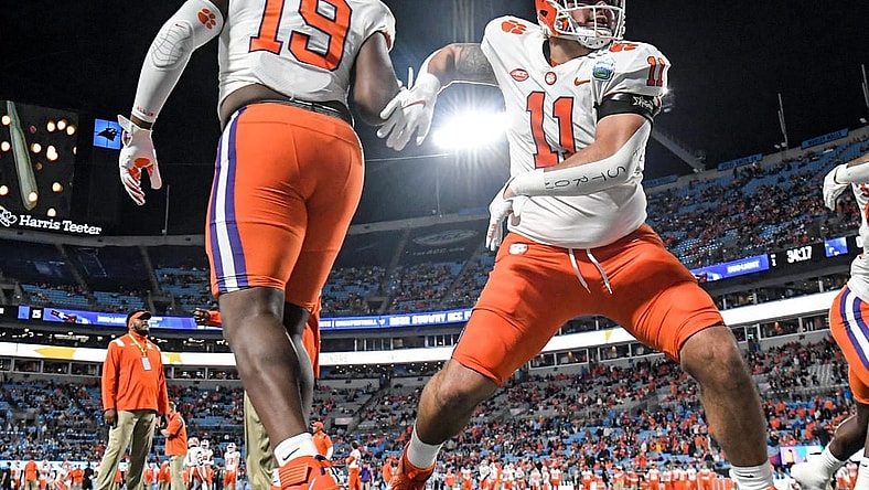 Dec 3, 2022; Charlotte, NC, USA; Clemson Tigers defensive lineman Bryan Bresee (11) warms up with defensive lineman DeMonte Capehart (19) before the ACC Championship game against the North Carolina Tar Heels at Bank of America Stadium. Mandatory Credit: Ken Ruinard-USA TODAY NETWORK