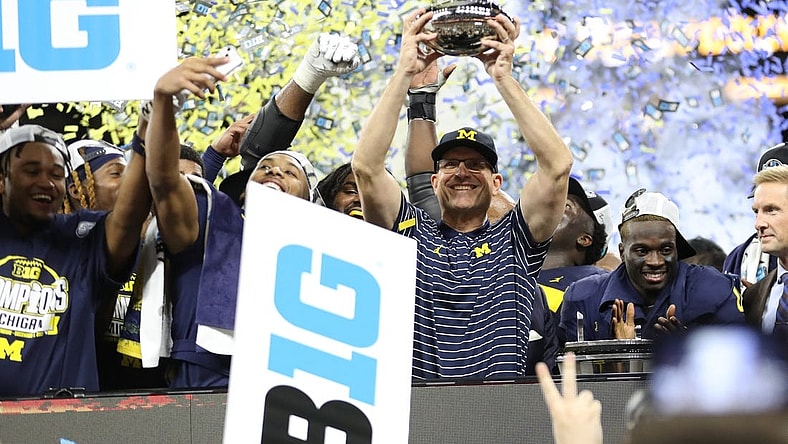 Michigan Wolverines head coach Jim Harbaugh celebrates the 43-22 win against the Purdue Boilermakers in the Big Ten championship game at Lucas Oil Stadium in Indianapolis on Saturday, Dec. 3, 2022.

Michiganbig 120322 Kd 10104