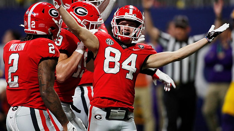 Georgia wide receiver Ladd McConkey (84) celebrates after scoring a touchdown during the first half of the SEC Championship NCAA college football game between LSU and Georgia in Atlanta, on Saturday, Dec. 3, 2022.

News Joshua L Jones

Syndication Online Athens