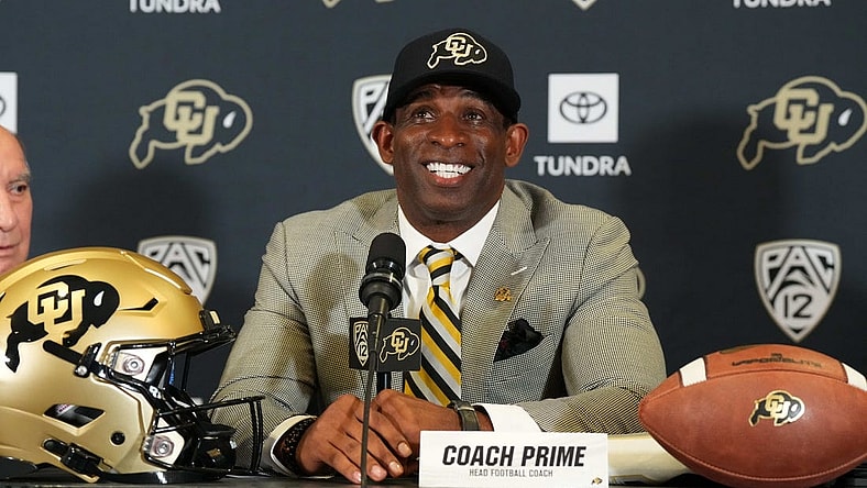 Dec 4, 2022; Boulder, CO, USA; Colorado Buffaloes head coach Deion Sanders speaks during a press conference at the Arrow Touchdown Club. Mandatory Credit: Ron Chenoy-USA TODAY Sports