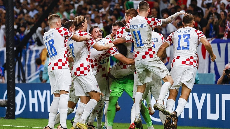 Dec 5, 2022; Al-Wakrah, Qatar; Croatia players celebrate with 3-1 victory on penalty kicks in a round of sixteen match against Japan during the 2022 FIFA World Cup at Al-Janoub Stadium. Mandatory Credit: Yukihito Taguchi-USA TODAY Sports
