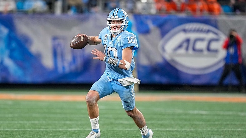 Dec 3, 2022; Charlotte, North Carolina, USA; North Carolina Tar Heels quarterback Drake Maye (10) during the third quarter against the Clemson Tigers at Bank of America Stadium. Mandatory Credit: Jim Dedmon-USA TODAY Sports
