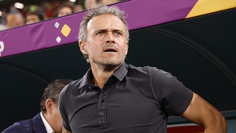 Dec 6, 2022; Ar Rayyan, QATAR; Spain head coach Luis Enrique during the first half in the round of sixteen match of the 2022 FIFA World Cup at Education City Stadium. Mandatory Credit: Yukihito Taguchi-USA TODAY Sports