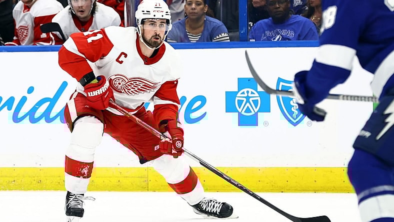 Dec 6, 2022; Tampa, Florida, USA; Detroit Red Wings center Dylan Larkin (71) skates with the  puck against the Tampa Bay Lightning during the second period at Amalie Arena. Mandatory Credit: Kim Klement-USA TODAY Sports