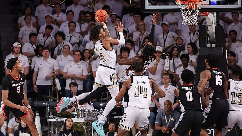 Dec 6, 2022; Atlanta, Georgia, USA; Georgia Tech Yellow Jackets forward Javon Franklin (4) shoots against the Georgia Bulldogs in the first half at McCamish Pavilion. Mandatory Credit: Brett Davis-USA TODAY Sports