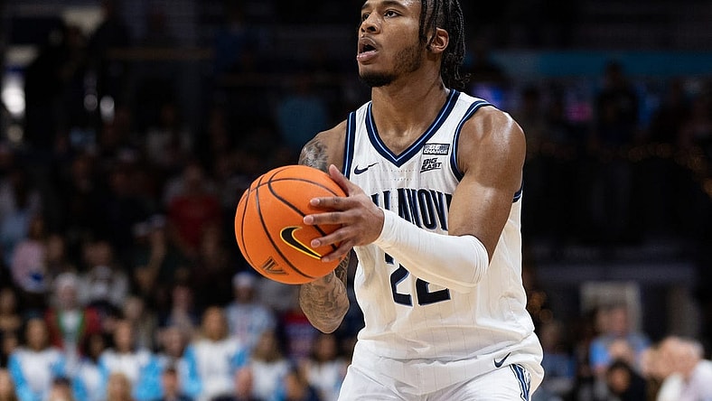 Dec 7, 2022; Villanova, Pennsylvania, USA; Villanova Wildcats forward Cam Whitmore (22) shoots the ball against the Pennsylvania Quakers during the second half at William B. Finneran Pavilion. Mandatory Credit: Bill Streicher-USA TODAY Sports
