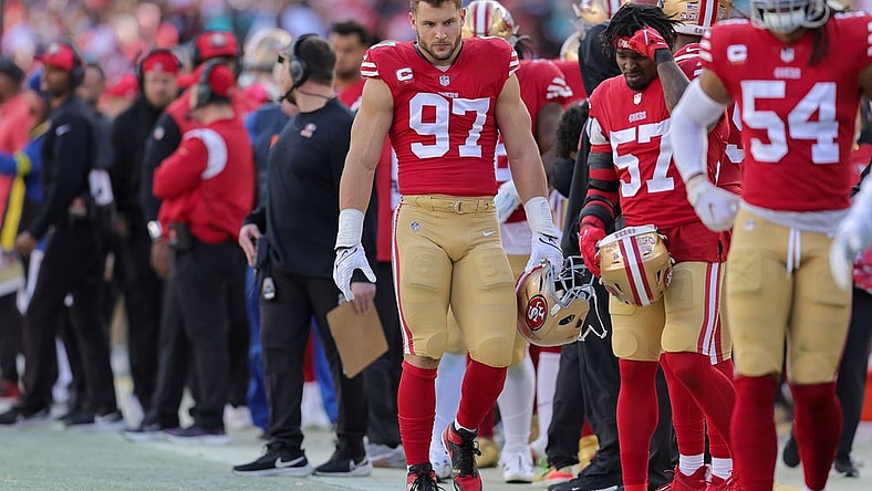 Dec 4, 2022; Santa Clara, California, USA; San Francisco 49ers defensive end Nick Bosa (97) during the game against the Miami Dolphins at Levi's Stadium. Mandatory Credit: Sergio Estrada-USA TODAY Sports