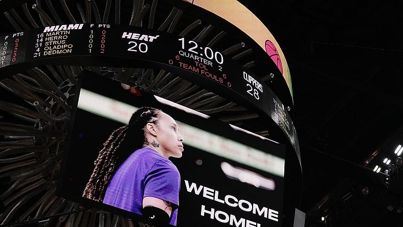 Dec 8, 2022; Miami, Florida, USA; A welcome home graphic is displayed on the arena video board welcoming home WBNA star Brittney Griner, Griner was released from a Russian prison earlier in the day during prior to to the game between the Miami Heat and the LA Clippers at FTX Arena. Mandatory Credit: Jasen Vinlove-USA TODAY Sports