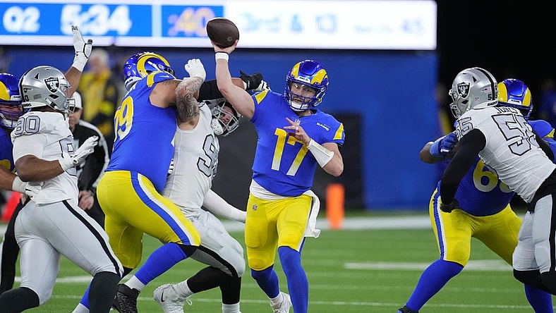 Dec 8, 2022; Inglewood, California, USA; Los Angeles Rams quarterback Baker Mayfield throws the ball in the first half against the Las Vegas Raiders at SoFi Stadium. Mandatory Credit: Kirby Lee-USA TODAY Sports