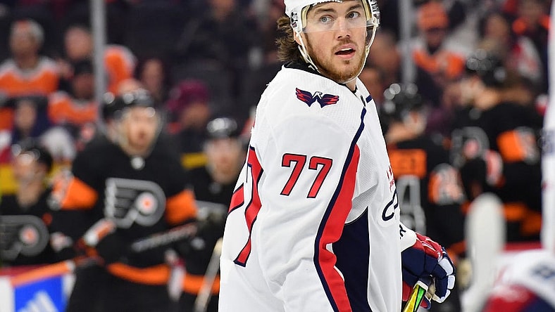 Dec 7, 2022; Philadelphia, Pennsylvania, USA; Washington Capitals right wing T.J. Oshie (77) against the Philadelphia Flyers at Wells Fargo Center. Mandatory Credit: Eric Hartline-USA TODAY Sports