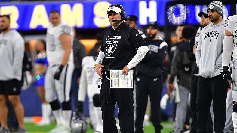 Dec 8, 2022; Inglewood, California, USA; Las Vegas Raiders head coach Josh McDaniels watches game action against the Los Angeles Rams during the second half at SoFi Stadium. Mandatory Credit: Gary A. Vasquez-USA TODAY Sports