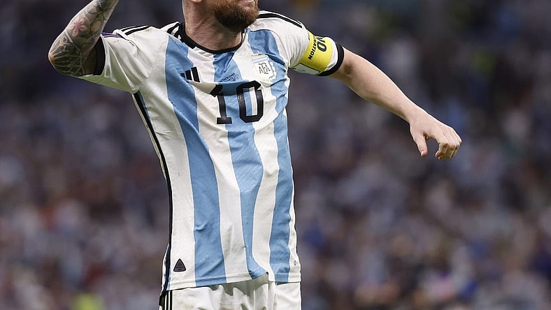 Dec 9, 2022; Lusail City, QATAR; Argentina forward Lionel Messi (10) celebrates after defeating Netherlands in the quarterfinals of the 2022 FIFA World Cup at Lusail Stadium. Mandatory Credit: Yukihito Taguchi-USA TODAY Sports