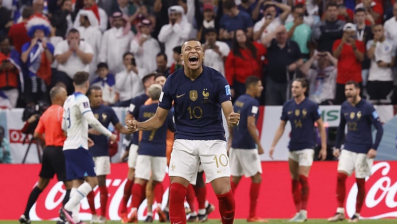 Dec 10, 2022; Al Khor, Qatar; France forward Kylian Mbapp   (10) celebrates after a saved penalty kick during the second half of a quarterfinal game against England in the 2022 FIFA World Cup at Al-Bayt Stadium. Mandatory Credit: Yukihito Taguchi-USA TODAY Sports