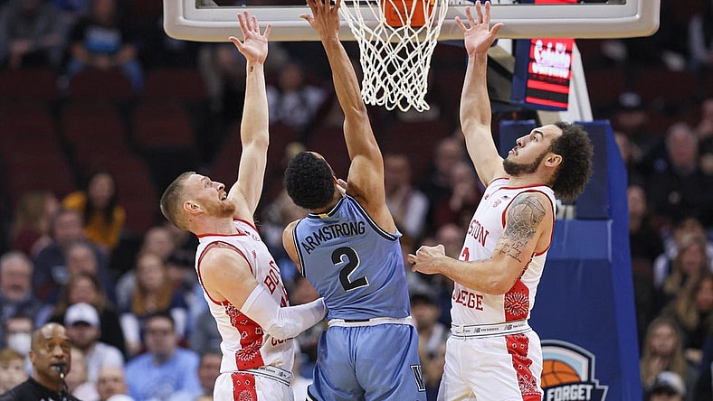 Dec 10, 2022; Newark, New Jersey, USA; Villanova Wildcats guard Mark Armstrong (2) drives to the basket as Boston College Eagles guard Mason Madsen (45) and guard Jaeden Zackery (3) defend during the first half at Prudential Center. Mandatory Credit: Vincent Carchietta-USA TODAY Sports