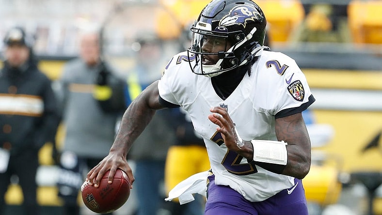 Dec 11, 2022; Pittsburgh, Pennsylvania, USA;  Baltimore Ravens quarterback Tyler Huntley (2) against the Pittsburgh Steelers during the second quarter at Acrisure Stadium. Mandatory Credit: Charles LeClaire-USA TODAY Sports
