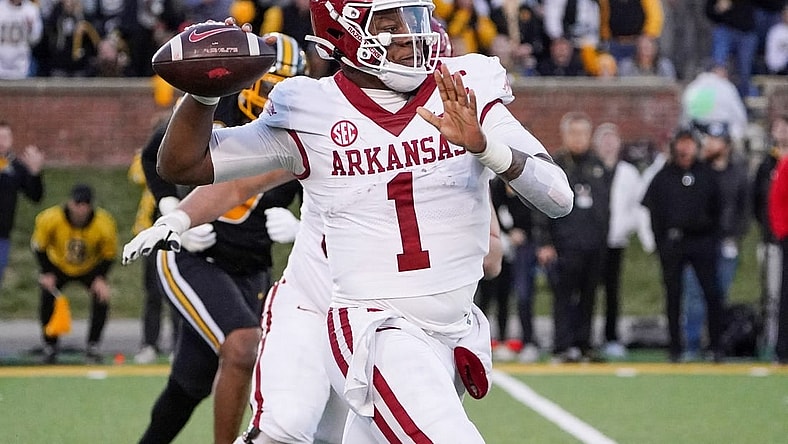 Nov 25, 2022; Columbia, Missouri, USA; Arkansas Razorbacks quarterback KJ Jefferson (1) throws a pass against the Missouri Tigers during the game at Faurot Field at Memorial Stadium. Mandatory Credit: Denny Medley-USA TODAY Sports