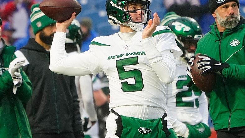 Dec 11, 2022; Orchard Park, New York, USA; New York Jets quarterback Mike White (5) warms up prior to the game against the Buffalo Bills at Highmark Stadium. Mandatory Credit: Gregory Fisher-USA TODAY Sports