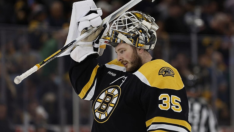 Dec 13, 2022; Boston, Massachusetts, USA; Boston Bruins goaltender Linus Ullmark (35) during the second period against the New York Islanders at TD Garden. Mandatory Credit: Winslow Townson-USA TODAY Sports