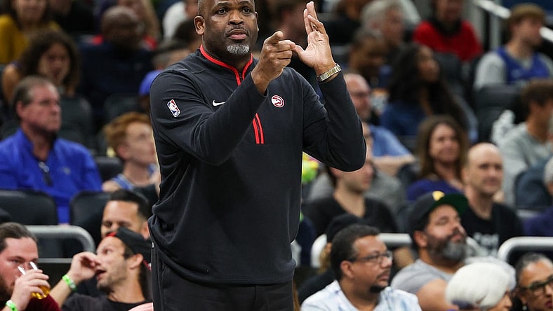 Dec 14, 2022; Orlando, Florida, USA;  Atlanta Hawks head coach Nate McMillan calls a play from the sidelines against the Orlando Magic in the fourth quarter at Amway Center. Mandatory Credit: Nathan Ray Seebeck-USA TODAY Sports