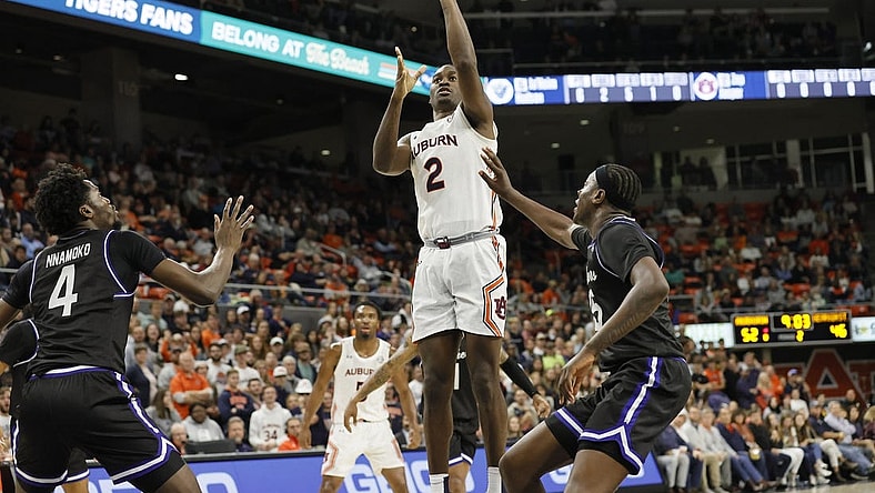 Dec 14, 2022; Auburn, Alabama, USA;  Auburn Tigers forward Jaylin Williams (2) takes a shot against the Georgia State Panthers during the second half at Neville Arena. Mandatory Credit: John Reed-USA TODAY Sports