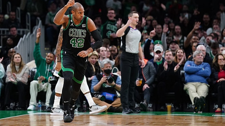Dec 16, 2022; Boston, Massachusetts, USA; Boston Celtics center Al Horford (42) reacts after his basket against the Orlando Magic in the first quarter at TD Garden. Mandatory Credit: David Butler II-USA TODAY Sports