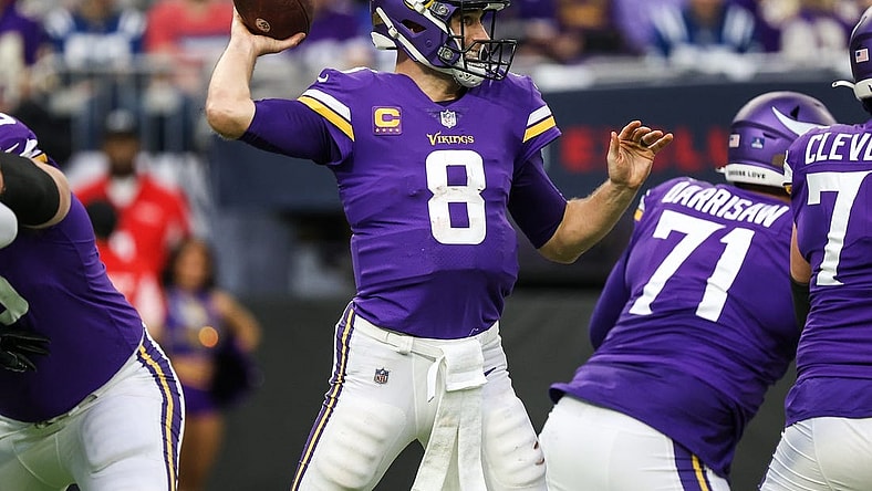 Dec 17, 2022; Minneapolis, Minnesota, USA; Minnesota Vikings quarterback Kirk Cousins (8) throws the ball against the Indianapolis Colts during the second quarter at U.S. Bank Stadium. Mandatory Credit: Matt Krohn-USA TODAY Sports