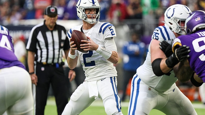 Dec 17, 2022; Minneapolis, Minnesota, USA; Indianapolis Colts quarterback Matt Ryan (2) looks to pass against the Minnesota Vikings during the first quarter at U.S. Bank Stadium. Mandatory Credit: Matt Krohn-USA TODAY Sports