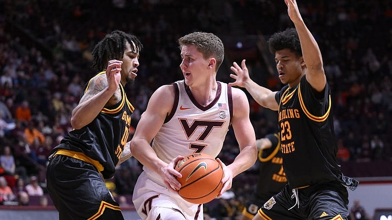 Dec 17, 2022; Blacksburg, Virginia, USA; Virginia Tech Hokies guard Sean Pedulla (3) is double teamed by Grambling State Tigers guard Quintin Murrell (23) and Version Cotton in the second half at Cassell Coliseum. Mandatory Credit: Lee Luther Jr.-USA TODAY Sports